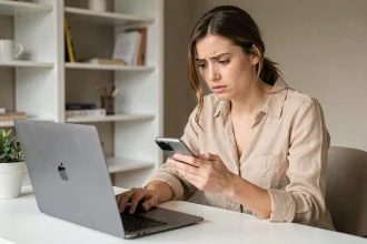 Femme utilisant le chat en ligne et son smartphone pour contacter le service client Vinted Go depuis son bureau à domicile
