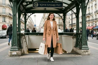 Femme sortant d'une station de métro parisienne ligne 13 avec des sacs de shopping, centre commercial accessible en métro