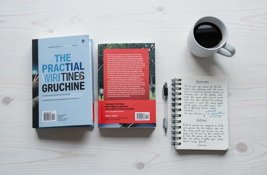 Flat lay de quatrièmes de couverture de livres pratiques et d'essais sur un bureau avec carnet de notes