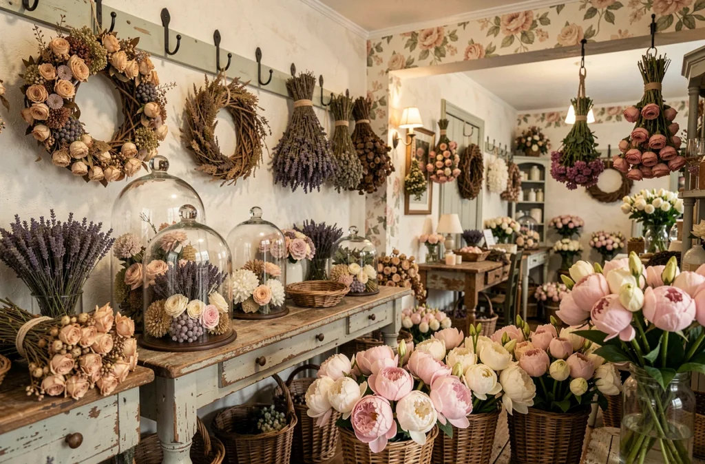 Boutique fleuriste au style vintage de Fleurs d'Antan à Lamotte-Beuvron avec couronnes de fleurs séchées et compositions romantiques en tons pastels