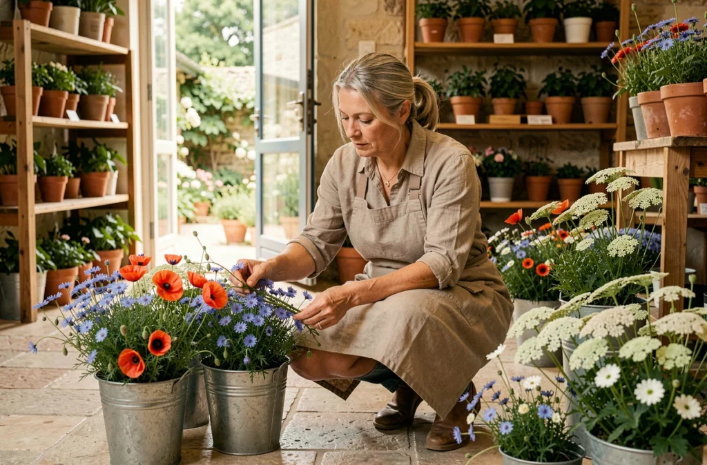 Fleuriste de Fleurs Ô Naturel à Vendôme sélectionnant des coquelicots et bleuets parmi des seaux de fleurs sauvages dans sa boutique rustique