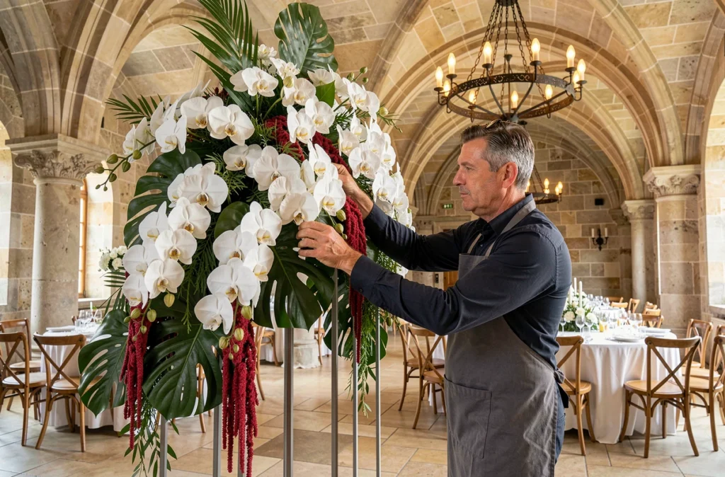 Frédéric Bertin fleuriste événementiel montant une installation florale spectaculaire d'orchidées blanches dans une salle de château en Loir-et-Cher