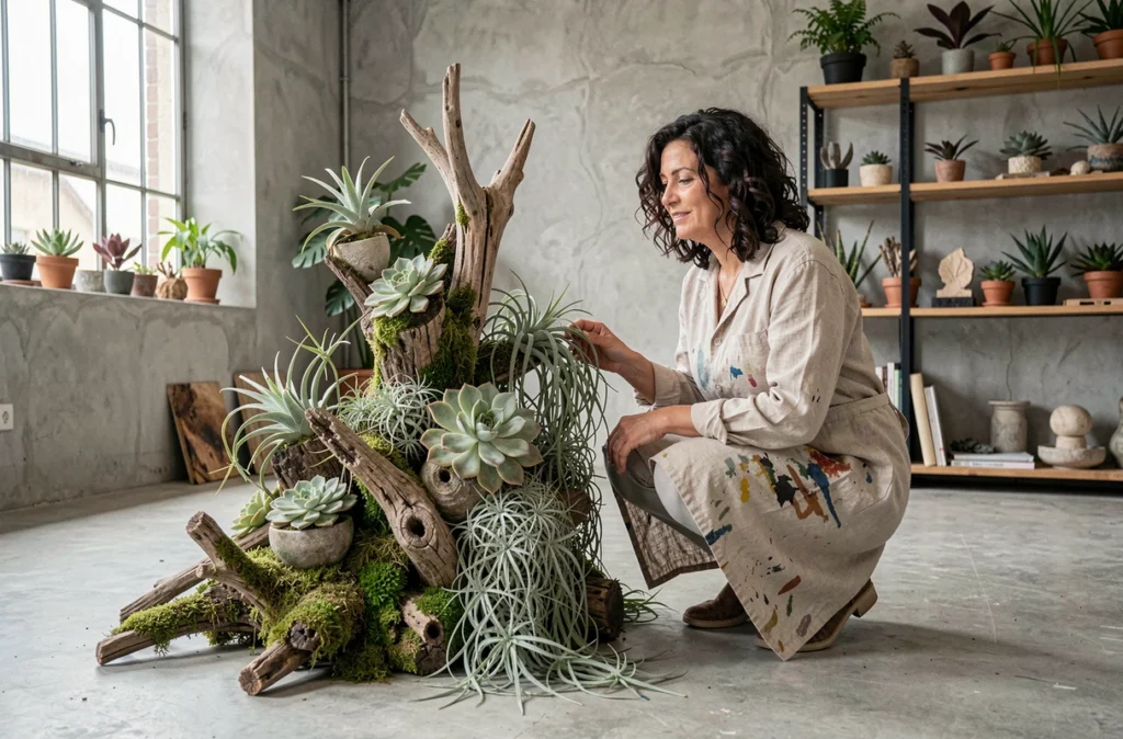 Artiste fleuriste de Fusion Végétale en Loir-et-Cher créant une composition botanique sculpturale avec plantes aériennes et mousse dans un atelier contemporain
