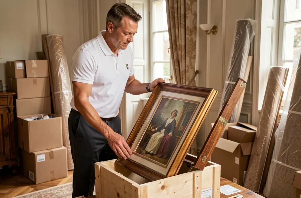 Professionnel des Gentlemen du Déménagement manipulant une œuvre d'art avec soin dans une maison
