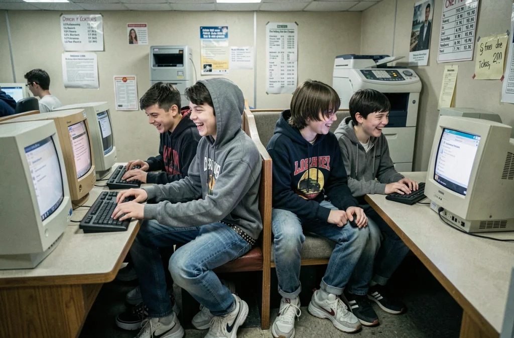 Groupe d'adolescents des années 2000 dans un cybercafé naviguant ensemble sur les premiers réseaux sociaux du web