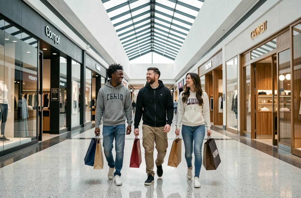 Groupe d'amis faisant du shopping dans un centre commercial desservi par la ligne 13 du métro parisien