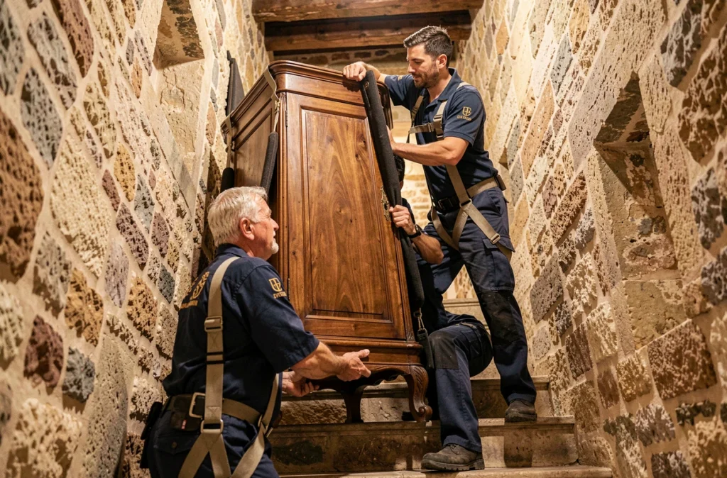 Deux déménageurs du Groupe Bovis descendant une armoire ancienne dans un escalier en pierre du Lot