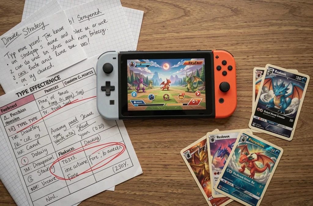 Fiche de stratégie PvP avec les faiblesses du type Dragon entourées et cartes Pokémon sur un bureau en bois