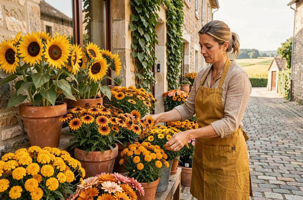 Fleuriste d'Helianthus à Bracieux arrangeant un présentoir extérieur de tournesols et rudbeckias dorés devant une boutique en pierre de village