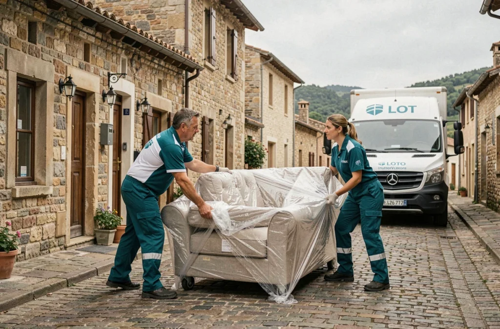 Deux déménageurs Hexvia portant un canapé emballé devant une maison en pierre du Lot