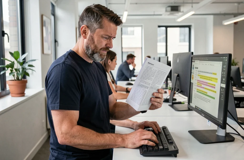 Homme dans un bureau moderne tenant une feuille de synonymes tout en tapant sur un clavier, illustrant l'apprentissage de vocabulaire alternatif pour remplacer un outil d'écriture