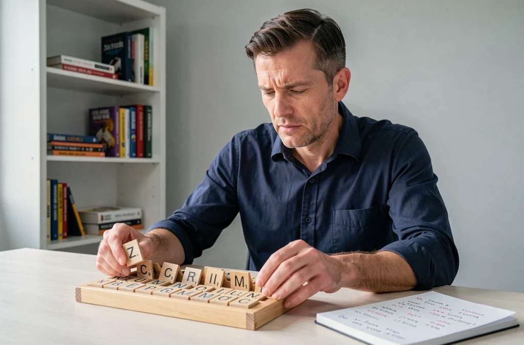 Homme en chemise bleue analysant un chevalet de lettres Scrabble avec un Z bien visible dans un bureau minimaliste