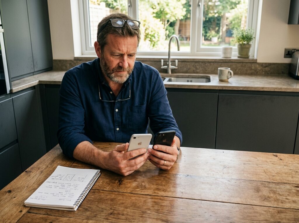 Homme comparant deux modèles d'iPhone à la maison pour faire le meilleur choix selon ses besoins