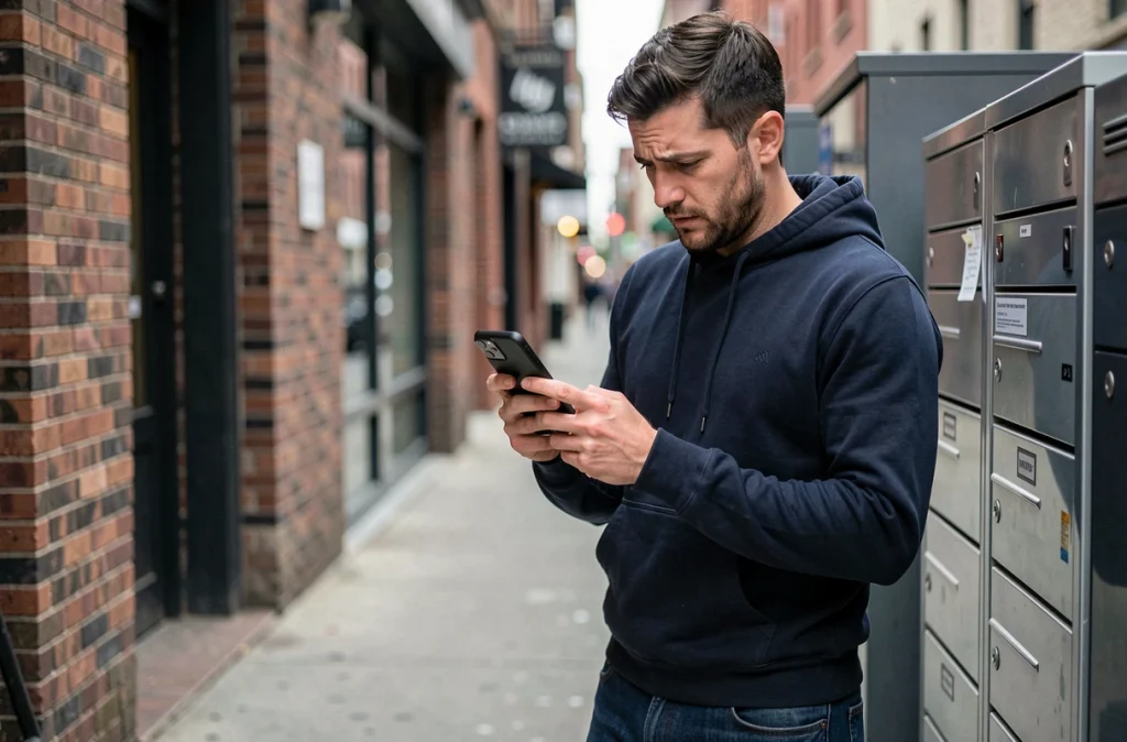 Homme remplissant un formulaire de service client Vinted Go sur son téléphone devant des consignes de livraison en ville