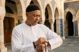 Homme vérifiant l'heure de la prière devant une mosquée à Marseille avec un chapelet traditionnel
