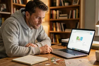 Un homme concentré joue au jeu Paper Clip sur son ordinateur portable dans un bureau à domicile, entouré de trombones et de notes manuscrites