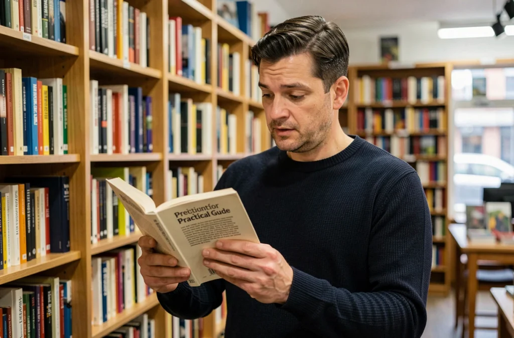 Homme en librairie examinant la quatrième de couverture d'un livre pratique