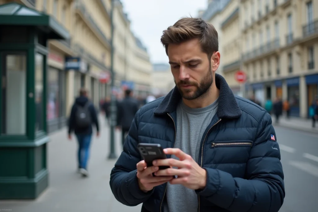 Homme composant un numéro sur son smartphone Lyca Mobile dans une rue parisienne