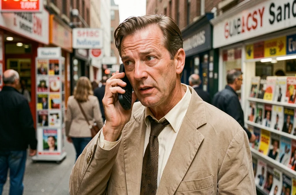 Homme d'affaires des années 90 utilisant un téléphone portable de première génération dans une rue animée, symbole de l'essor de la téléphonie mobile