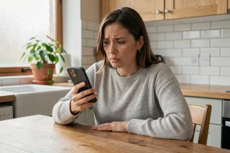 Femme inspectant un numéro de téléphone inconnu sur son smartphone dans une cuisine