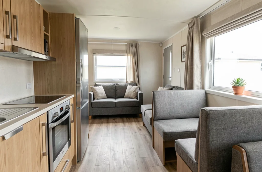 Intérieur design et fonctionnel d'un mobil-home haut de gamme fabriqué en France avec cuisine ouverte et salon confortable