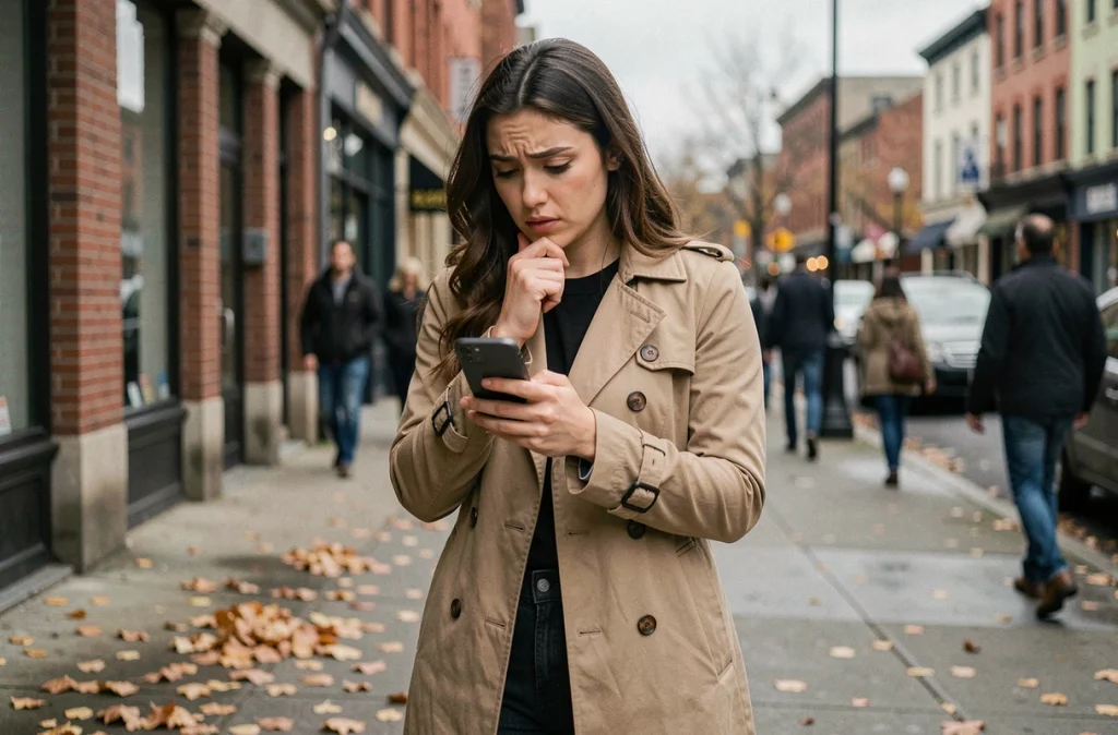Jeune femme inquiète consultant son téléphone dans la rue pour identifier un numéro