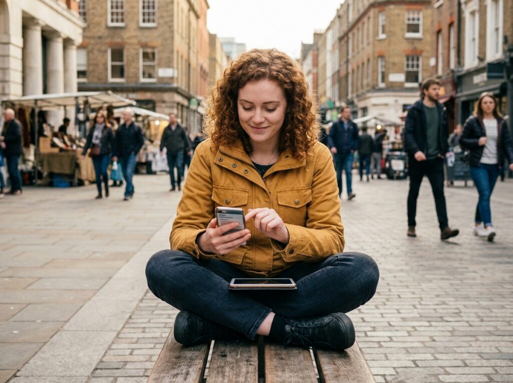 Jeune femme consultant les caractéristiques d'un iPhone en ville pour choisir le modèle idéal