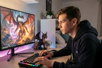 Joueur concentré devant un écran affichant un combat de dragon dans un jeu Pokémon compétitif