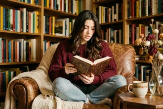 Jeune femme lisant un roman romantasy dans une bibliothèque chaleureuse, installée dans un fauteuil en cuir entouré de livres