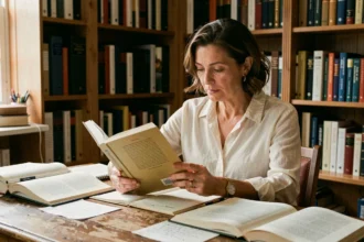 Femme lisant la quatrième de couverture d'un essai posé sur un bureau en bois entouré de livres