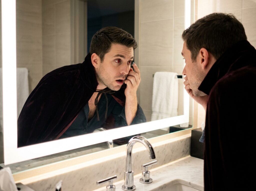 Homme en costume de vampire d'Halloween en train de mettre une lentille de couleur rouge devant un miroir de salle de bain