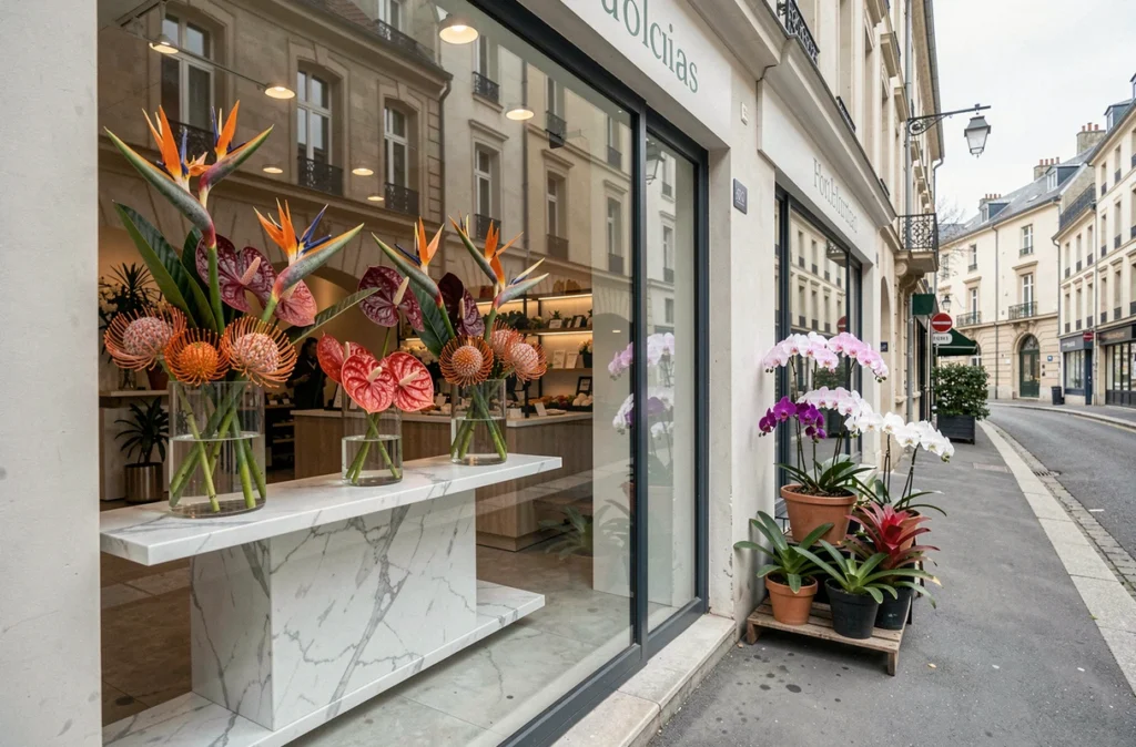 Devanture moderne de la boutique Liberty Flowers à Salbris avec une vitrine de fleurs exotiques dont des strelitzias et anthuriums en vases de verre