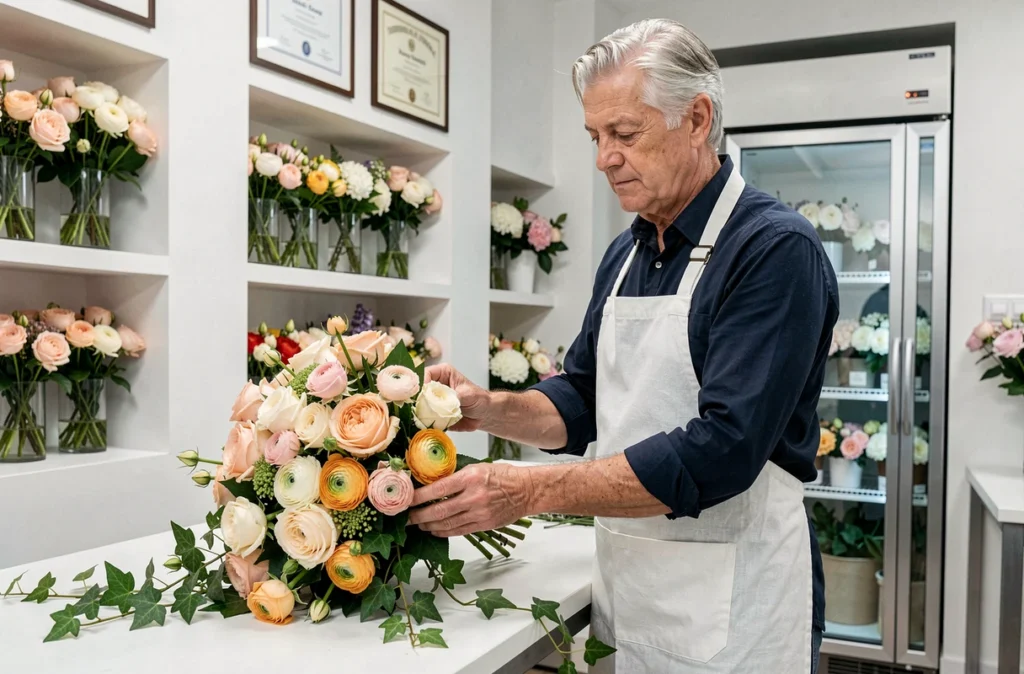 Marc Moreau de Creaflor, fleuriste expérimenté en Loir-et-Cher, examinant un bouquet de mariée élaboré de roses et renoncules dans son atelier professionnel