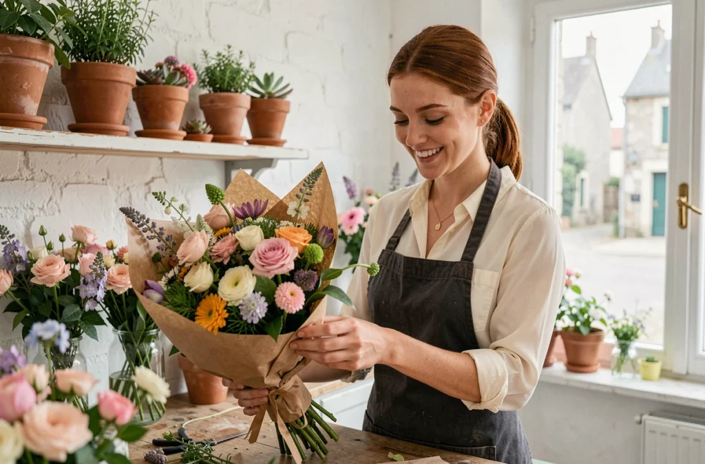 Jeune fleuriste souriante de Marion les Fleurs à Nouan-le-Fuzelier enveloppant un bouquet champêtre dans du papier kraft