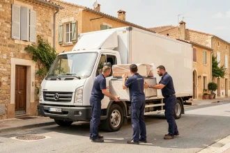 Équipe de déménageurs professionnels chargeant un camion devant une rue typique du sud de la France dans le Gard