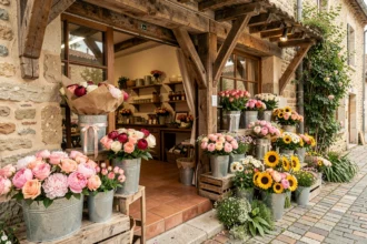 Intérieur d'une boutique fleuriste française typique en Loir-et-Cher avec des bouquets colorés de pivoines, roses et fleurs sauvages dans des seaux en zinc sur des tomettes anciennes
