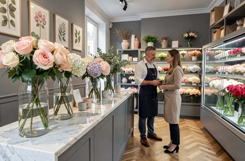 Boutique haut de gamme Memorys à Blois avec des compositions élégantes de roses et hortensias sur un comptoir en marbre, fleuriste conseillant une cliente