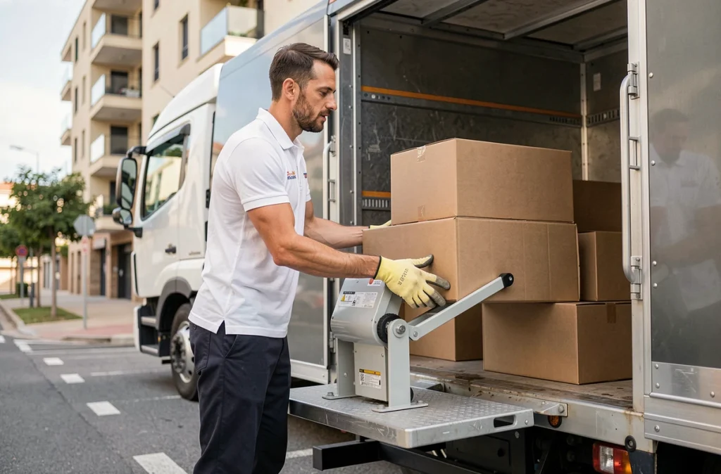 Déménageur professionnel de Mobilier Services utilisant un monte-meuble devant un immeuble à Nîmes