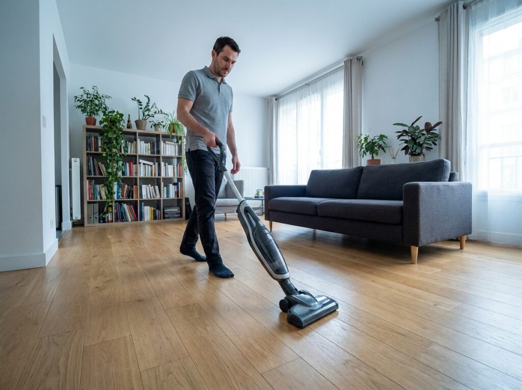 Homme effectuant le ménage au aspirateur dans un salon propre et moderne à Courbevoie