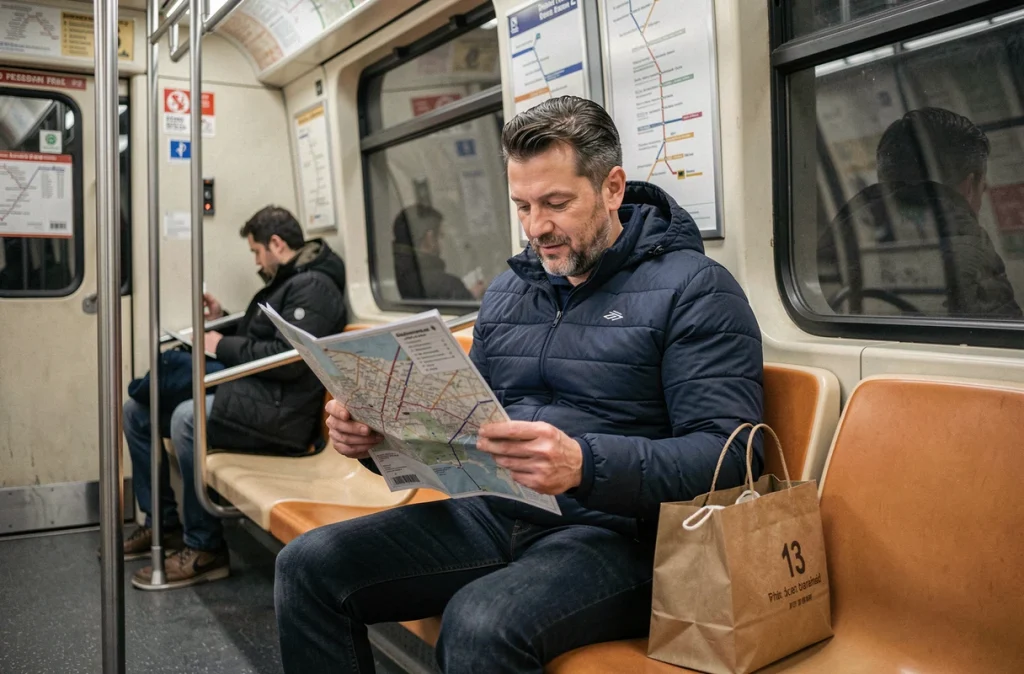 Passager consultant un plan de la ligne 13 dans le métro parisien avec un sac de courses, trajet shopping en transport en commun