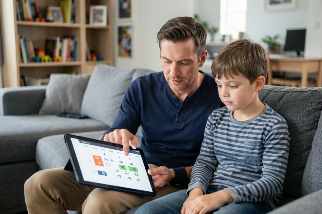 Père expliquant le calendrier des semaines de garde alternée à son fils sur une tablette