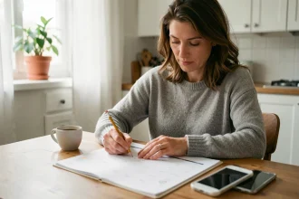 Mère organisant un planning de garde alternée sur un calendrier papier dans sa cuisine
