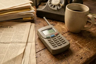 Téléphone portable des années 1990 posé sur un bureau en bois avec journal et tasse à café, évoquant l'arrivée du premier mobile grand public