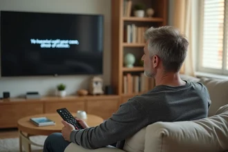 Homme frustré tenant une télécommande face à un message d'erreur sur sa télévision Orange TV