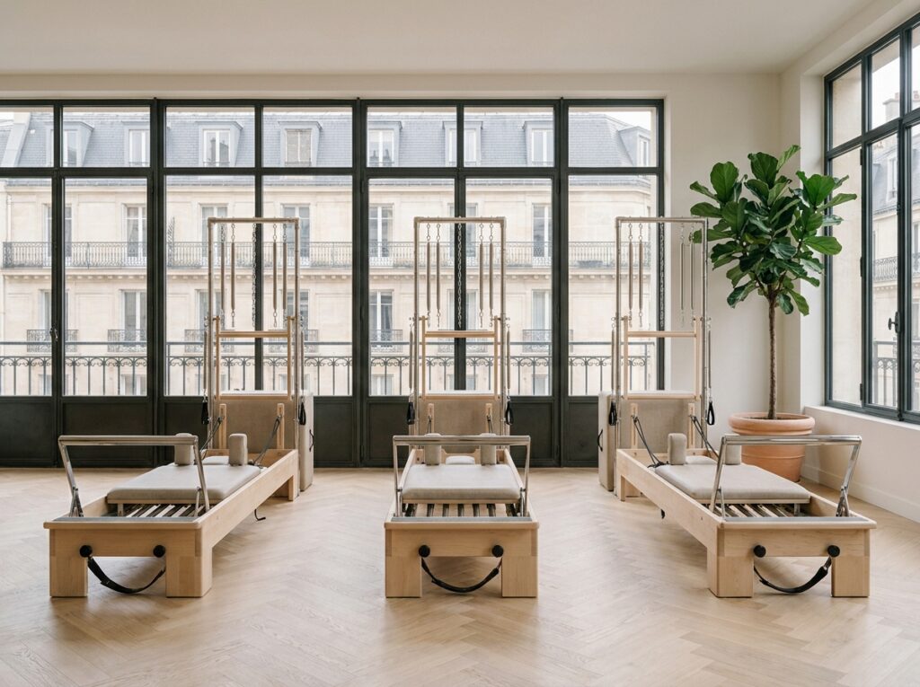 Vue d'ensemble du studio Poses Studio à Monceau avec rangée de machines Pilates Reformer alignées sur parquet clair dans un espace haussmannien lumineux
