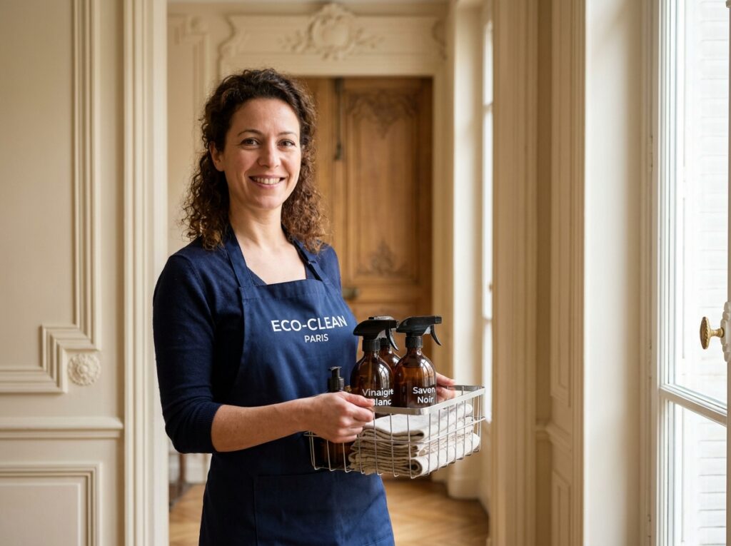 Portrait d'une professionnelle du service de ménage à domicile souriante avec son matériel à Courbevoie