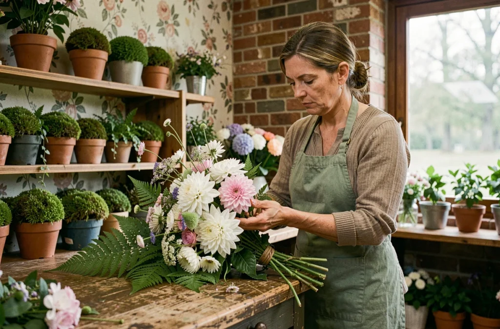 Fleuriste femme assemblant un bouquet champêtre de dahlias et fougères à la boutique Sologne Flor de Lamotte-Beuvron