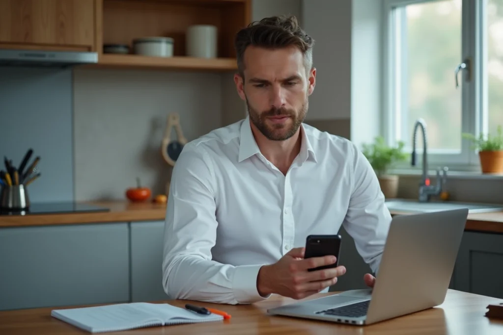 Homme recherchant des solutions en ligne pour réparer l'enregistrement Orange TV avec un ordinateur portable