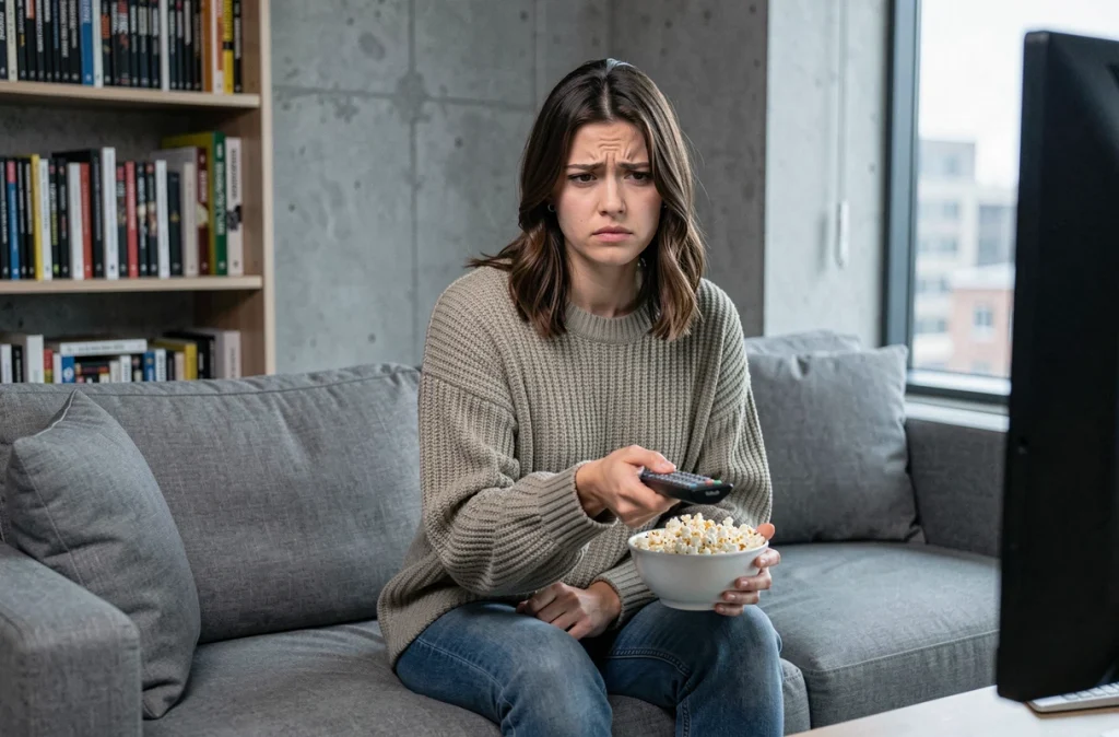 Jeune femme perplexe regardant la série Sous écrous avec une expression mitigée