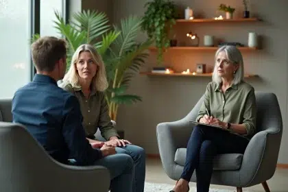 Couple en séance de thérapie conjugale avec une thérapeute dans un cabinet moderne et apaisant